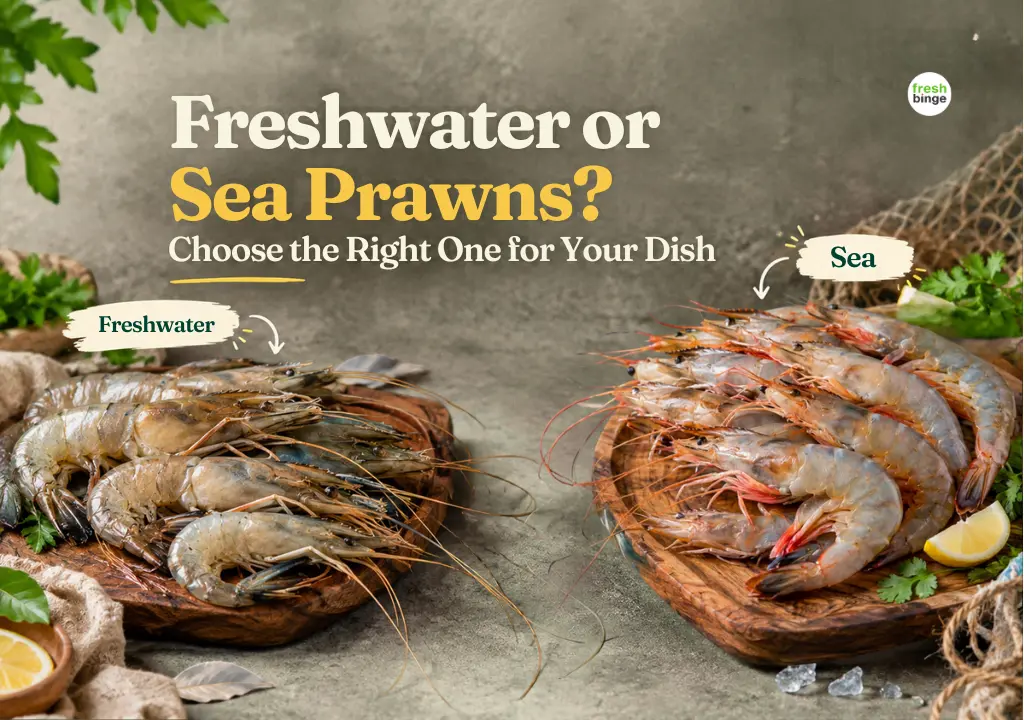 Freshwater and sea prawns available in different sizes at Freshbinge