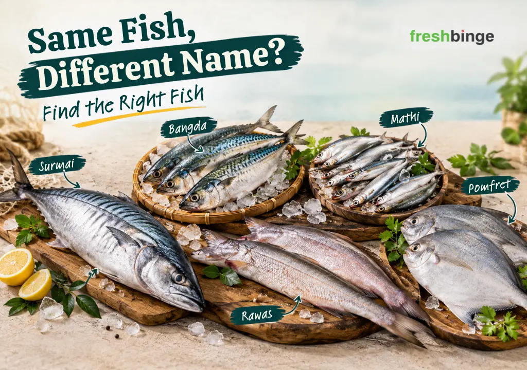 Different seafood varieties and cuts available from Freshbinge in Bangalore