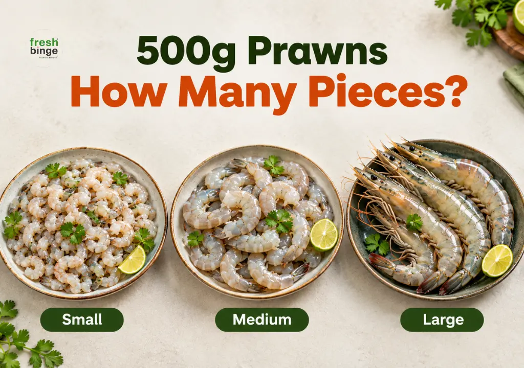 Prawns of different sizes in a 500g pack